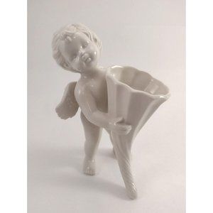 White Ceramic Cherub Angel Vase Figurine Holding Cornucopia Open Horn Vintage